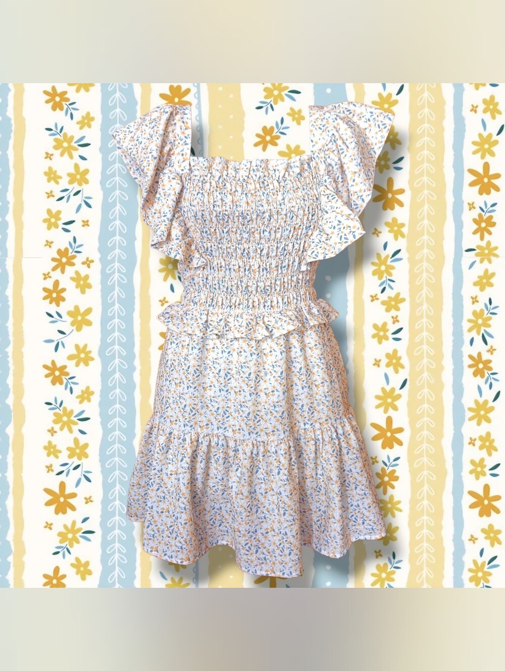 MABLE Petite Smocked Floral Mini Dress - Blue & Yellow